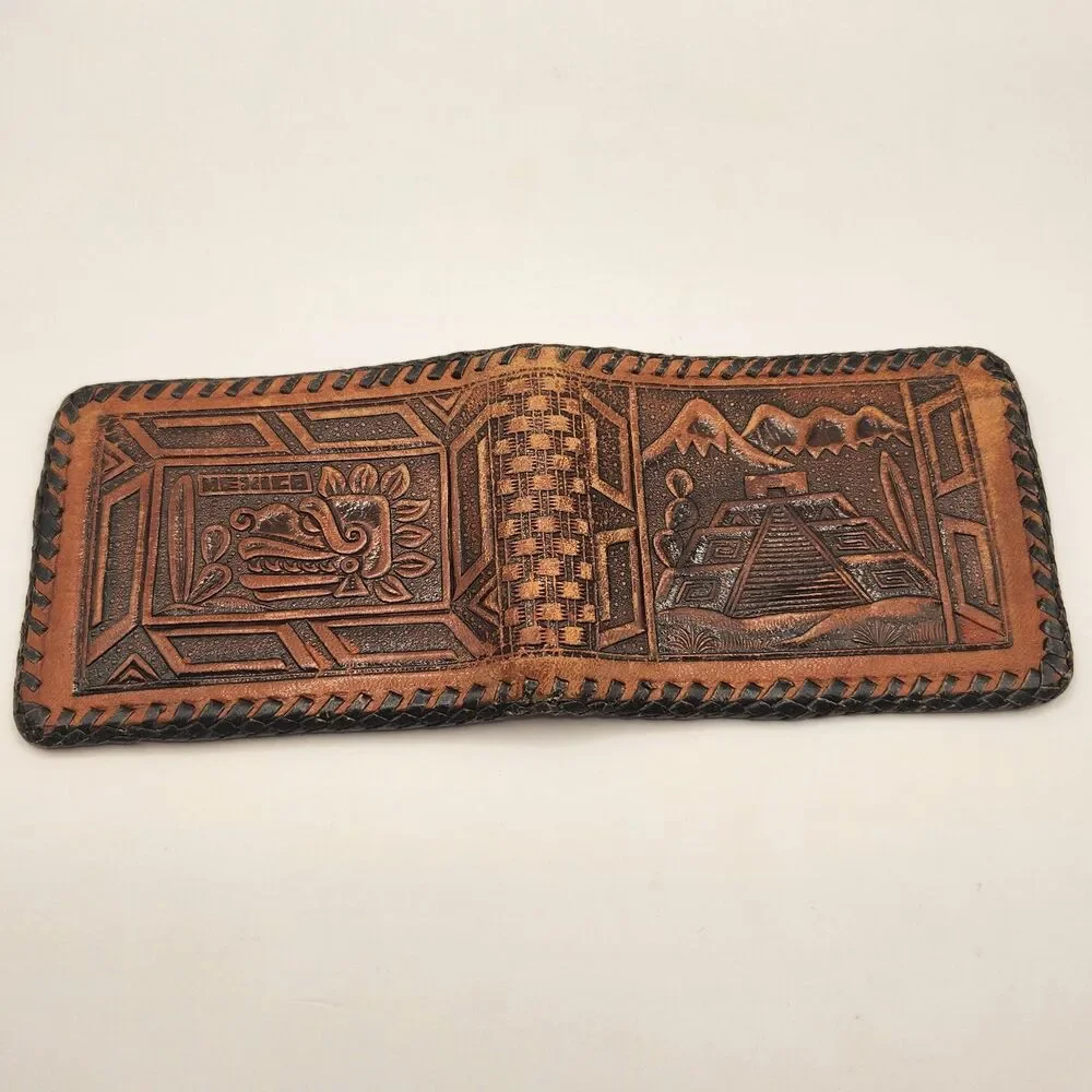 Vintage Hand Tooled Genuine Leather Bifold Wallet Mexico Brown Black